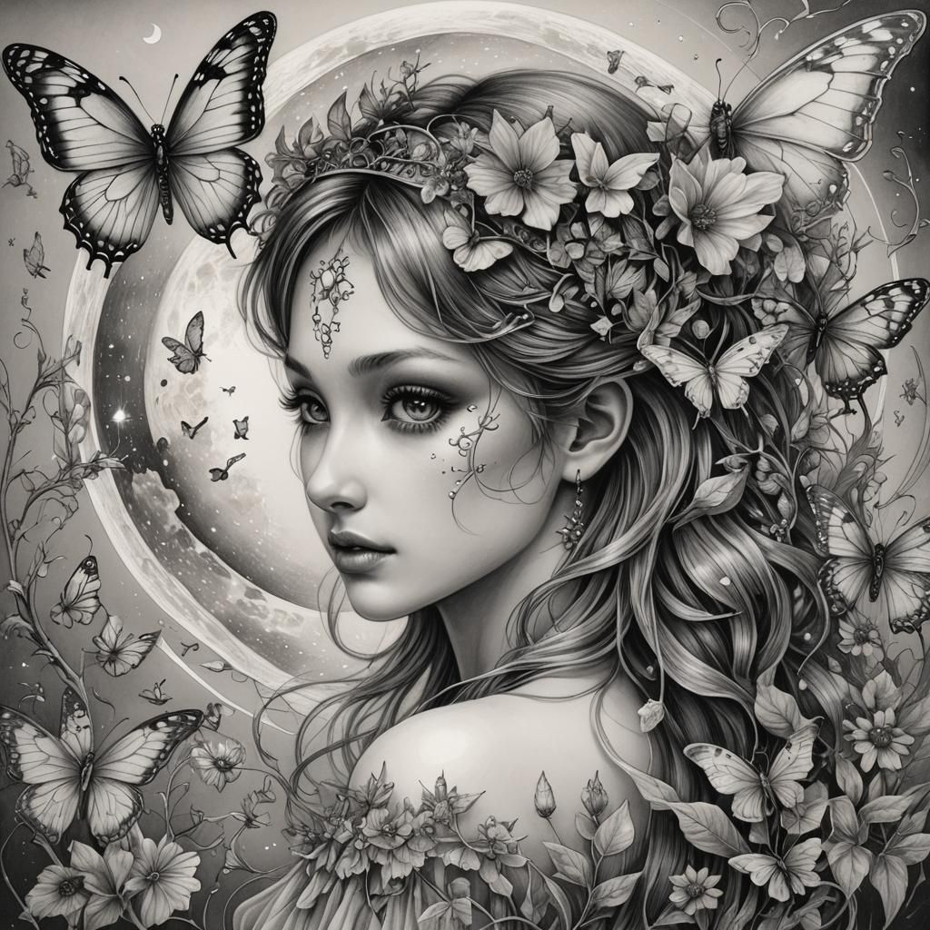Butterfly Fairy in Moonlight: Detailed Pencil Sketch