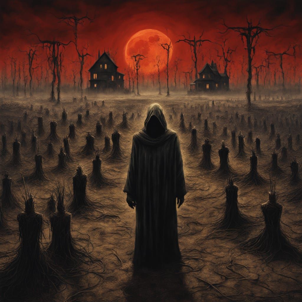 Eerie Cornfield Under Blood Moon in Beksinski Style