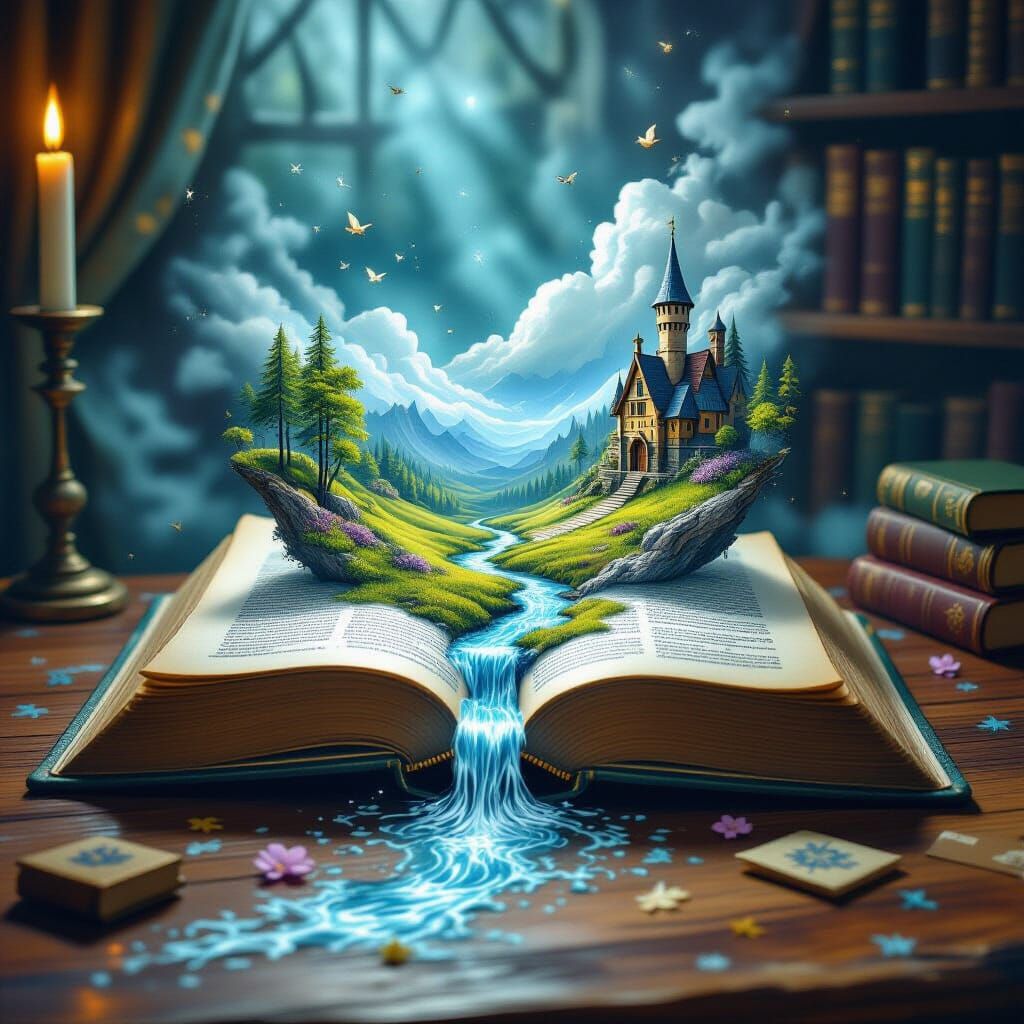 Open Spell Book Spills Miniature Landscape Onto Magic Floor