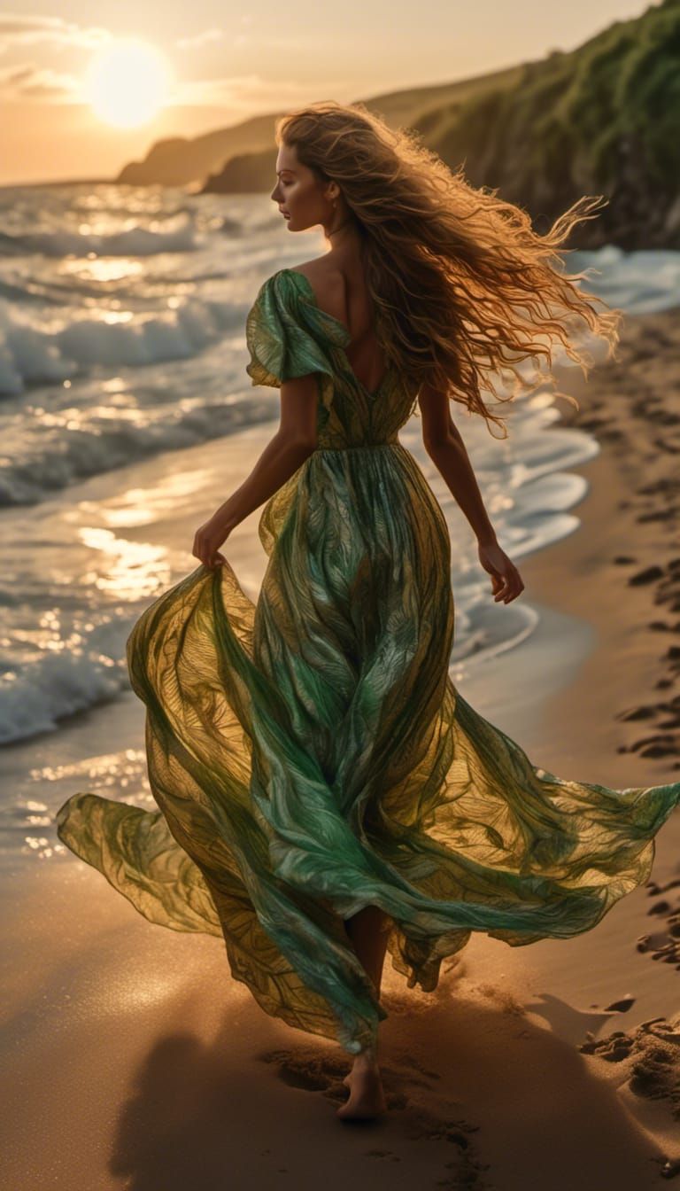 Woman in Green Dress at Sunset, Hyperrealistic Photo