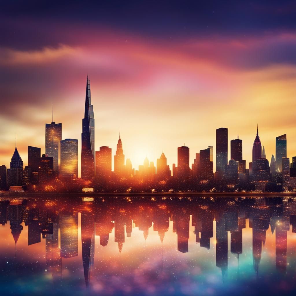 Astral Cityscape at Sunset, Mixed Media Illustration