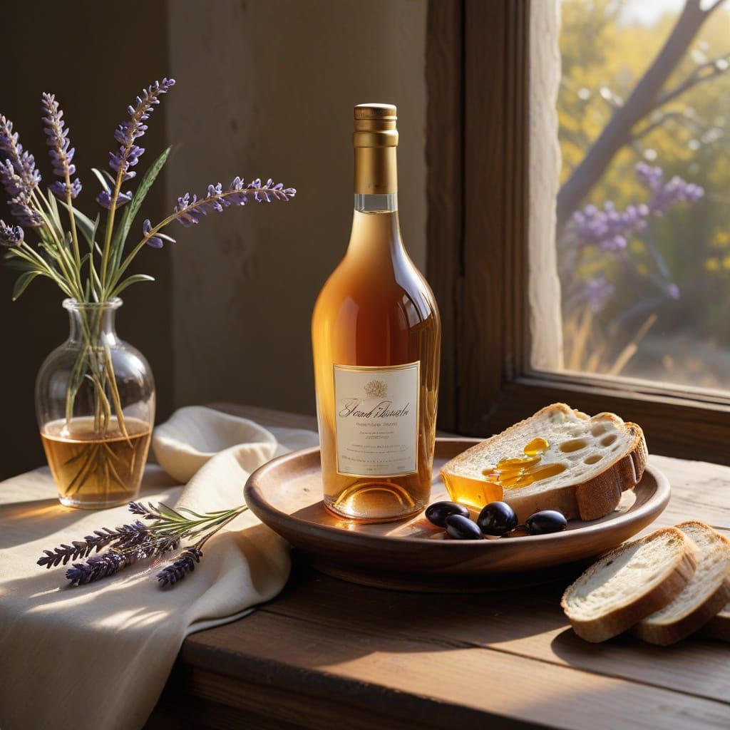 Artisanal Honey Bottle Ad on Linen with Rosé and Lavender