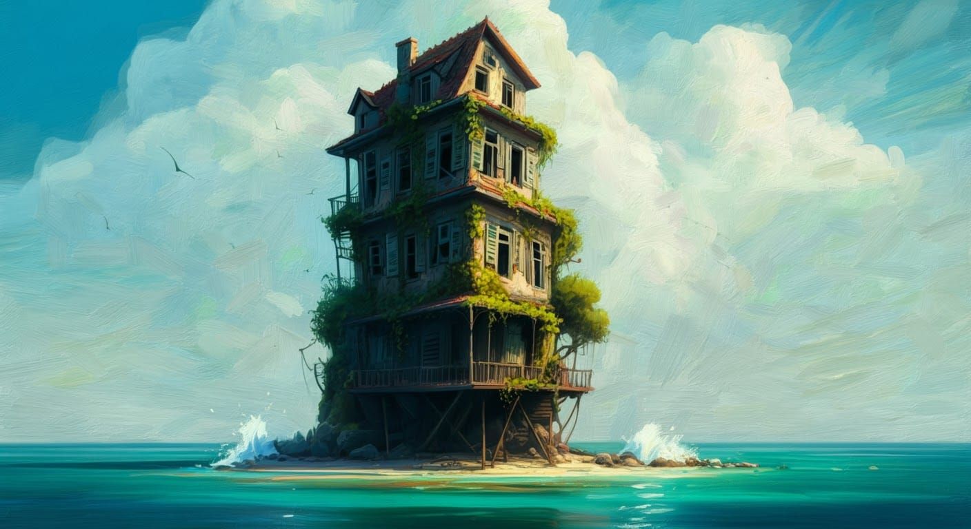 Whimsical House on Island in Gouache and Watercolor