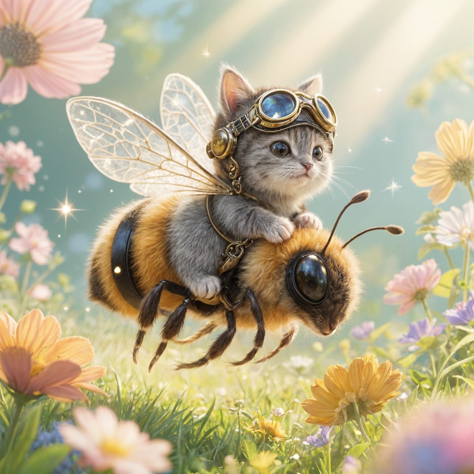 Fluffy Kitten Rides Bumblebee in Whimsical Fantasy Art