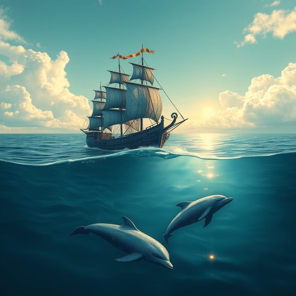 Ancient Ship in Serene Pointillism Ocean Scene