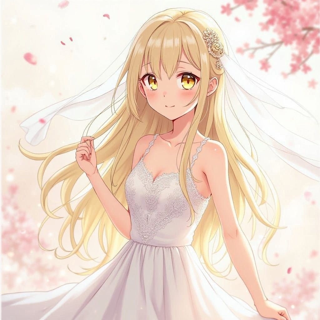Spectacular Anime Bride with Bright Blonde Hair and Yellow E...