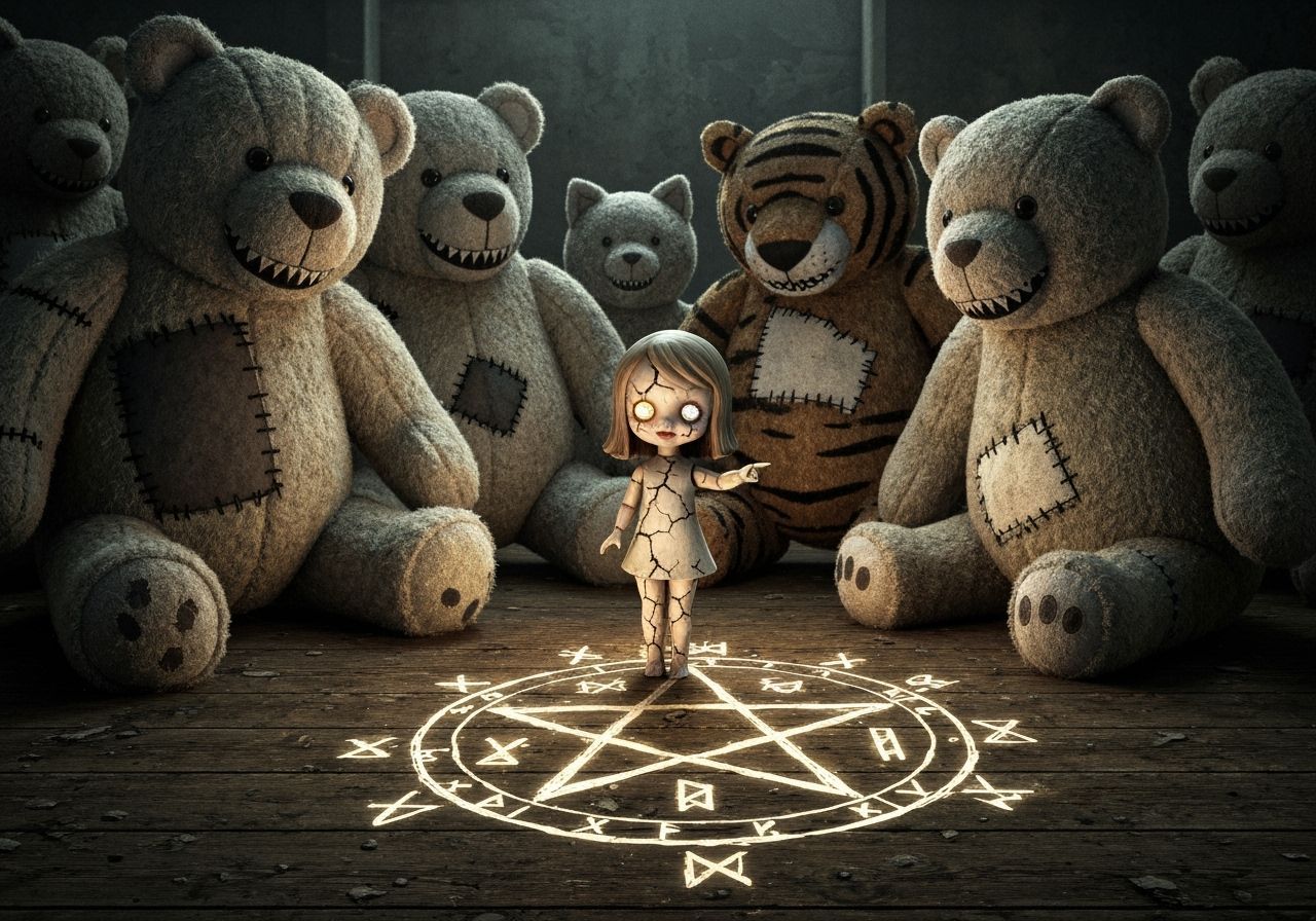 Creepy Porcelain Doll Leads Stuffed Animal Horde in Ritual