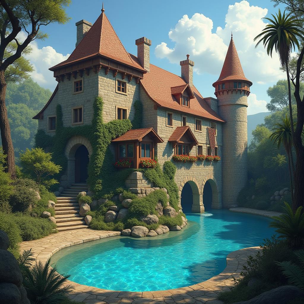 Enchanting Medieval Cottage with Pool in Fantasy Style