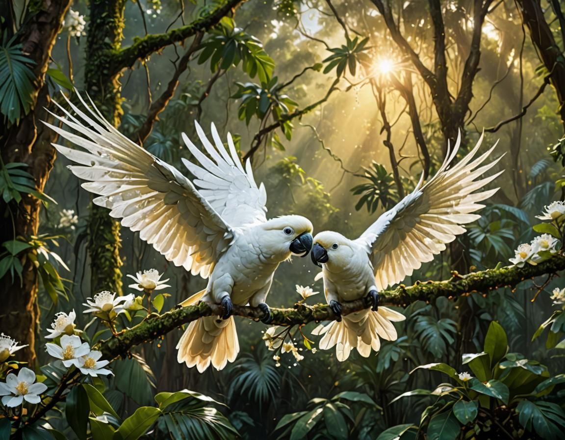 Cockatoo in Jungle with Sunset Backlight