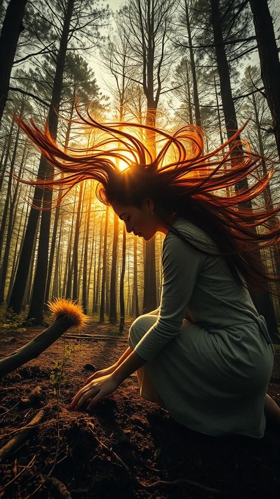 Woman Planting Sun in Forest with Warped Perspective