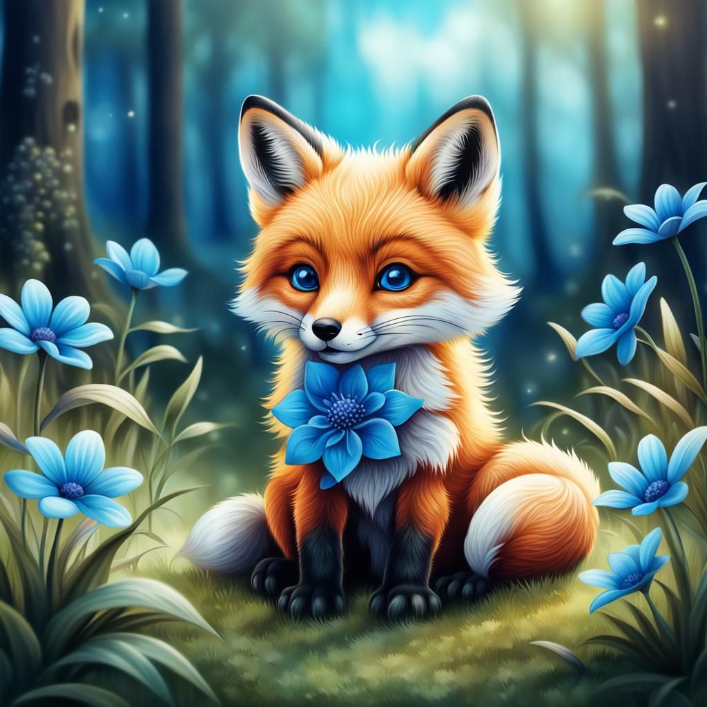 Adorable Fox with Blue Flower in Mystic Forest