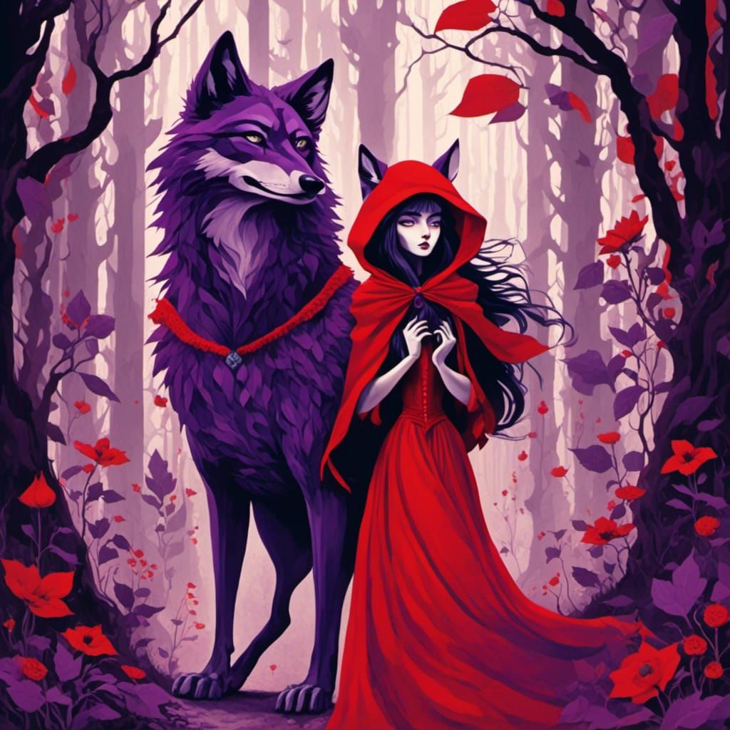 <lora:Red2:1.0> Anthropomorphic Purple Wolf  and Red Riding ...
