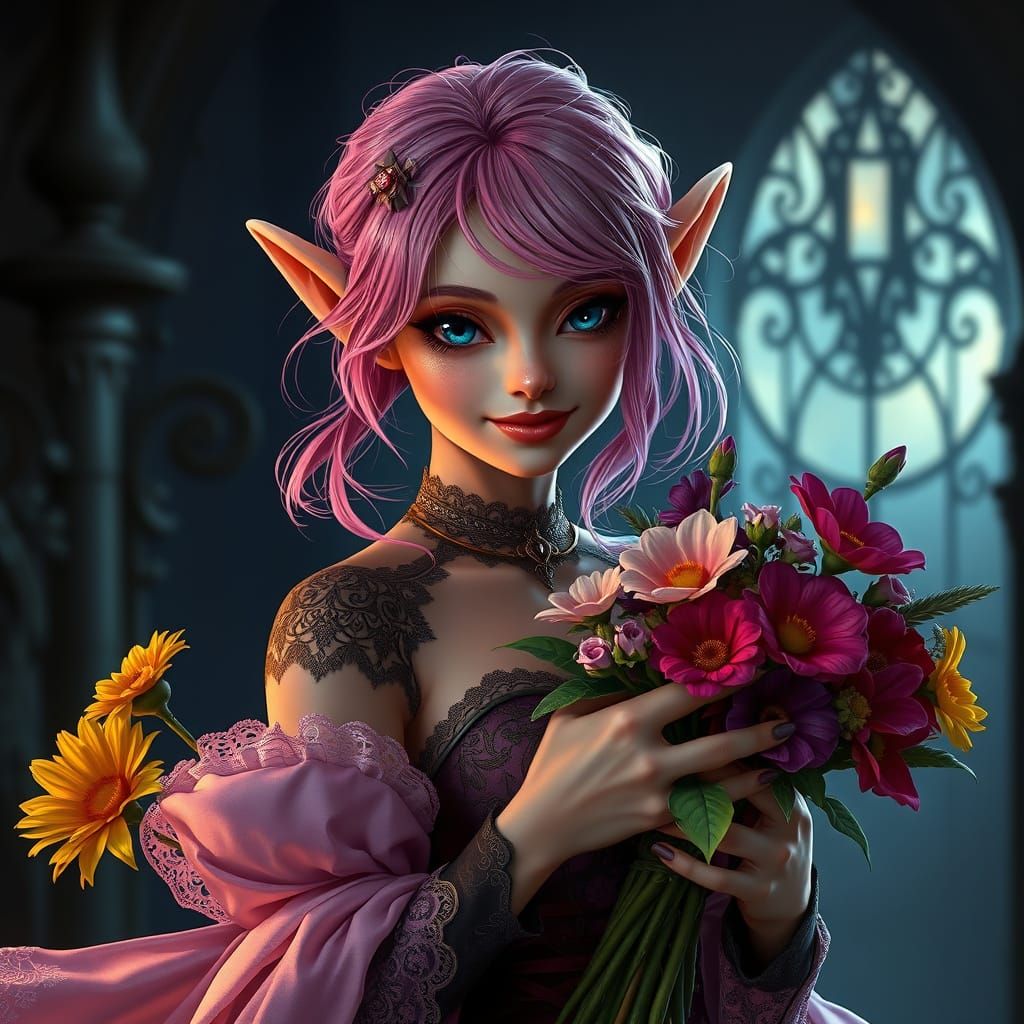 Pink Elf with Flowers in Gothic Dress