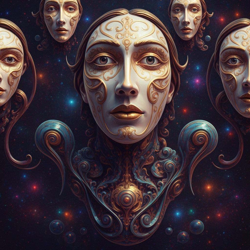 Surreal Ceramic Faces with Cosmic Patterns