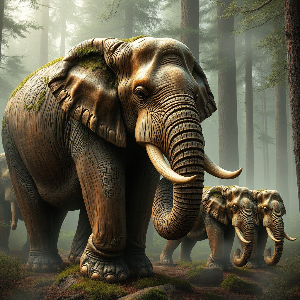 Wood Elephants in Ethereal Forest, Painterly Style