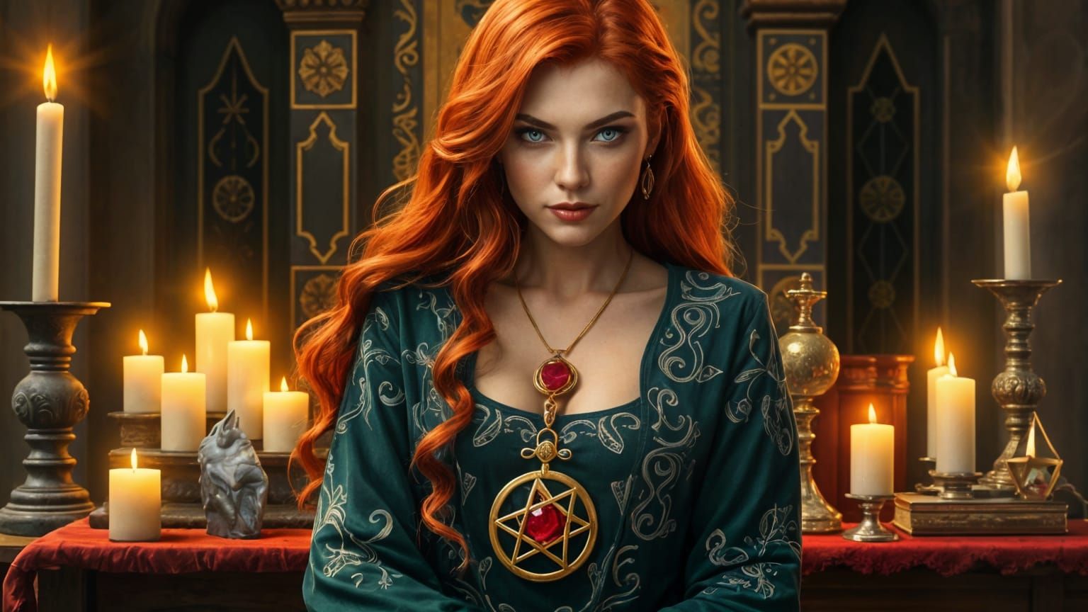 Enchanting Witch in Wiccan Altar Setting