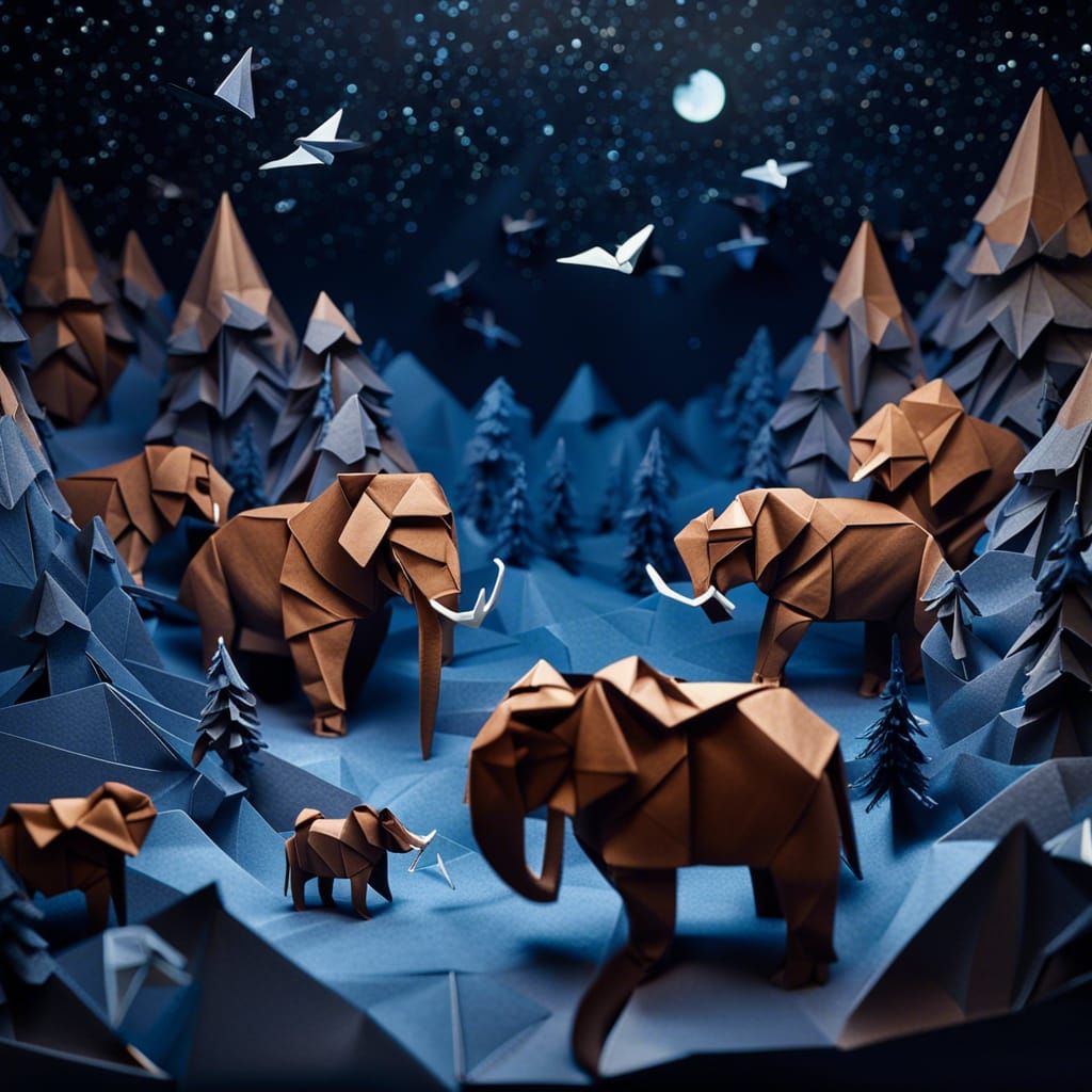 Origami - Woolly Mammoth Herd Traverse a Snowy Forest