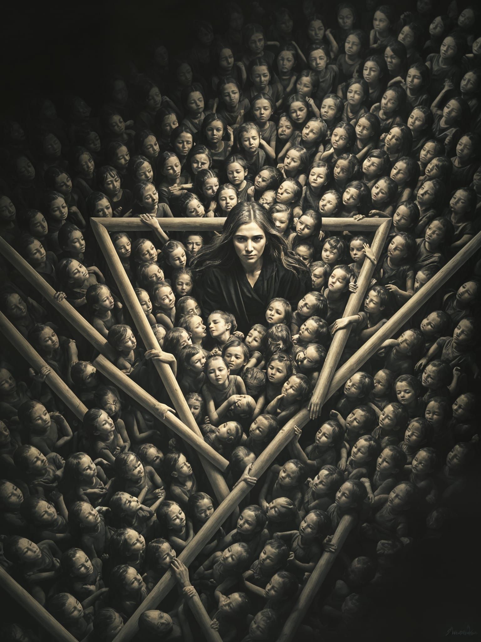 Mother Among Geometric Patterns in Soft Suprematist Style