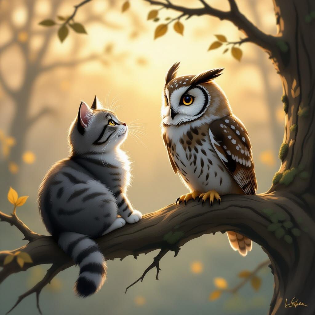 Micro Gray Cat Watches Owl on Tree at Dawn, Grunge Painting