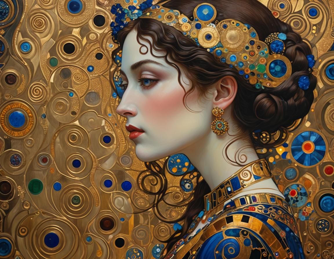 Ethereal Woman Portrait in Klimt-Hundertwasser Style