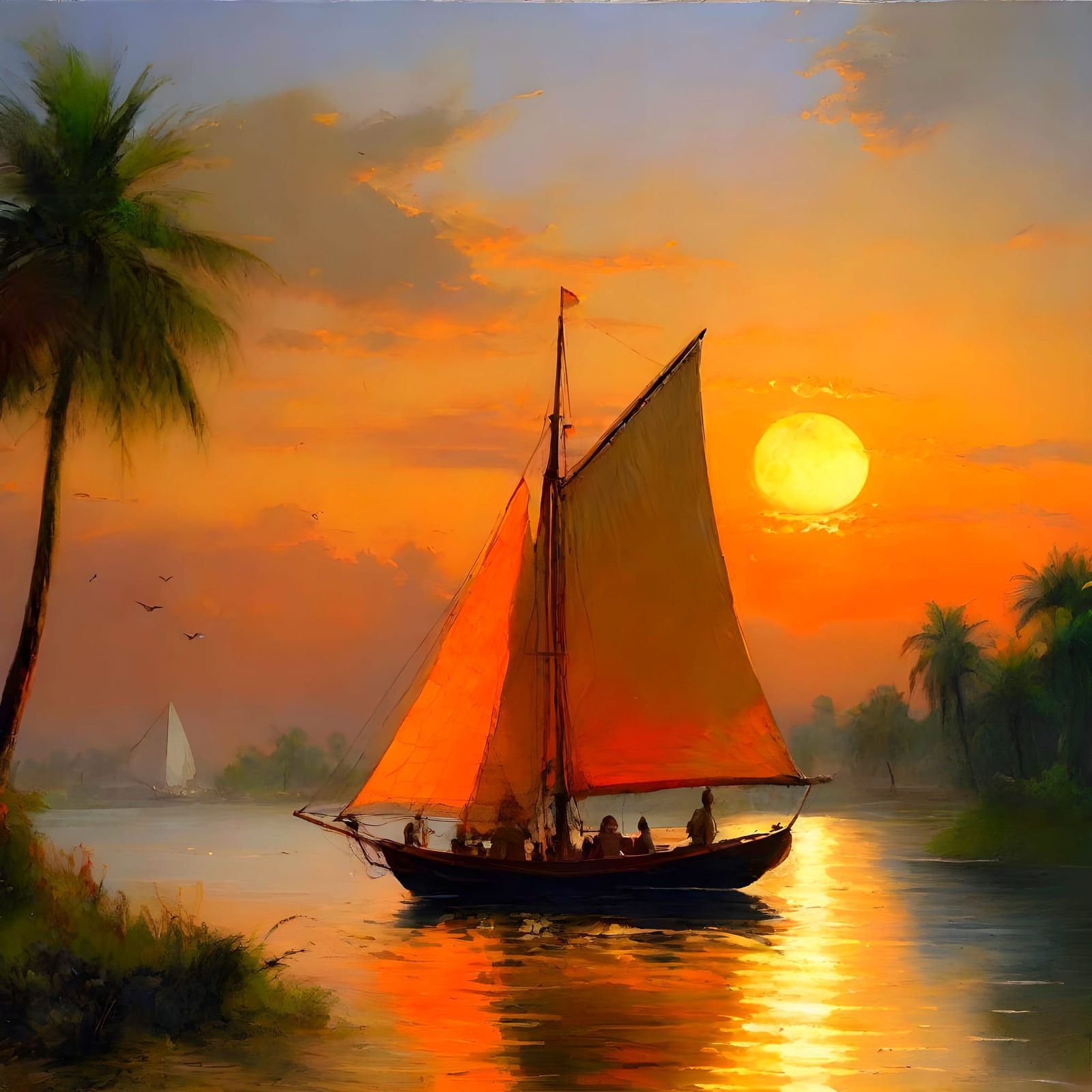 Egyptian Sailboat on the Nile River at Night