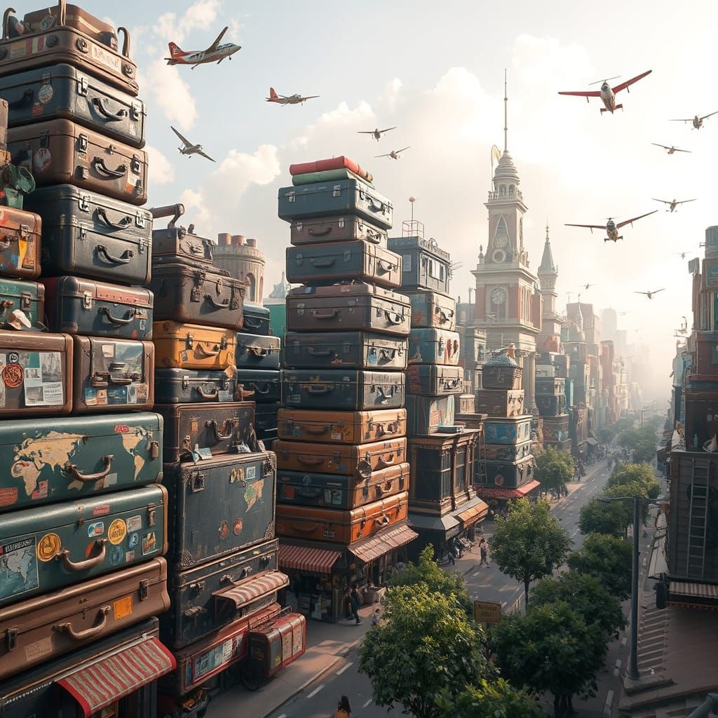 Surreal Suitcase Cityscape Evokes Nostalgia and Adventure
