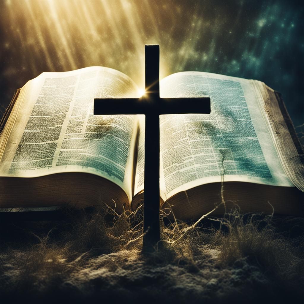 Dramatic Double Exposure of Cross and Bible