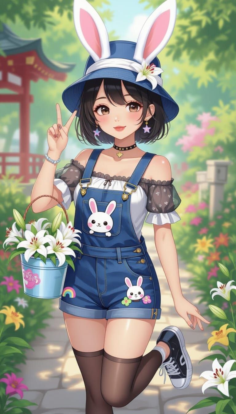 Kawaii Thai Woman in Garden with Teahouse