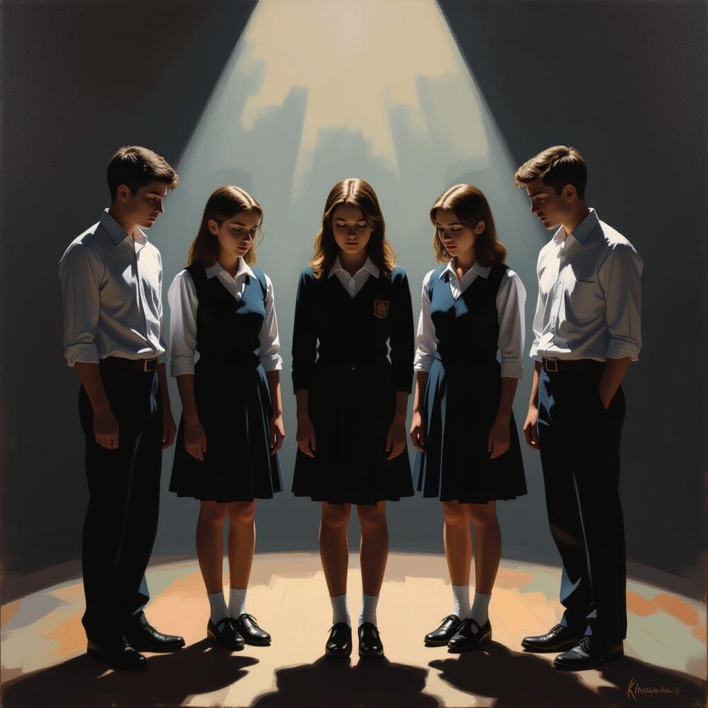 Students on Stage in Poignant Realist Painting Style