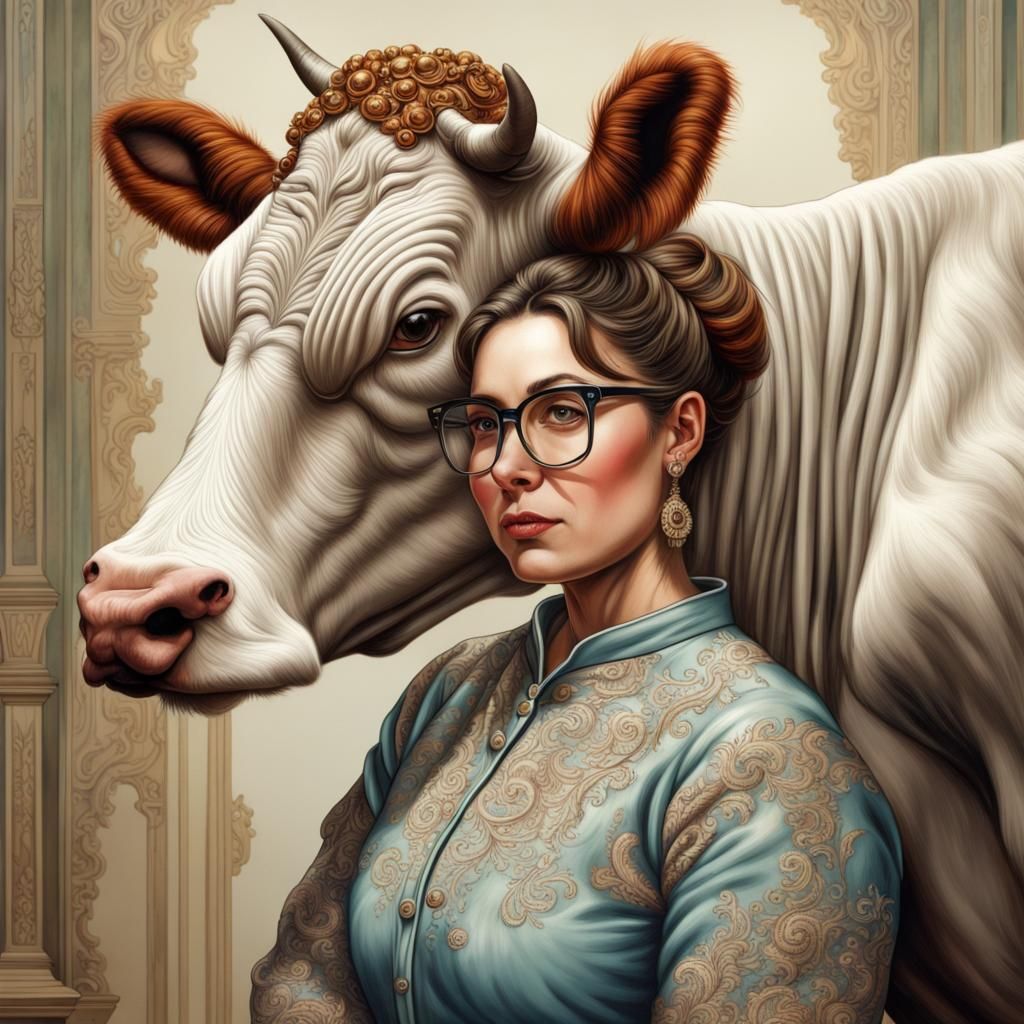 Hyperrealistic Cow and Woman Illustration