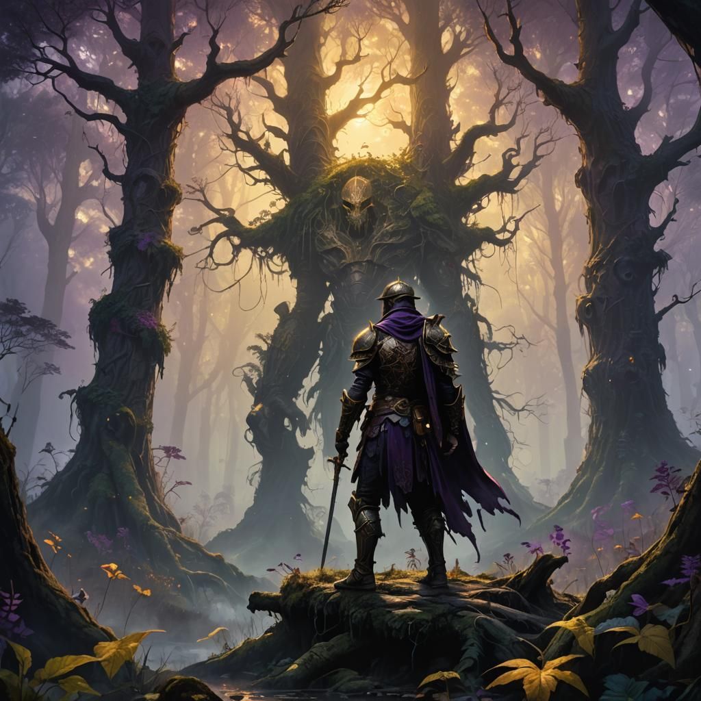 Mystical Forest Warrior in Dark Fantasy Concept Art