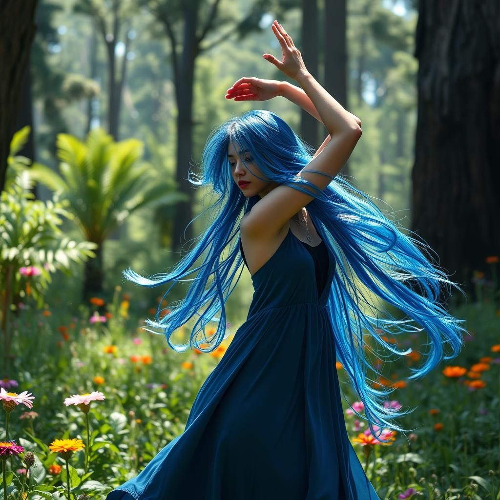 Blue-Haired Dancer in Fantasy Landscape