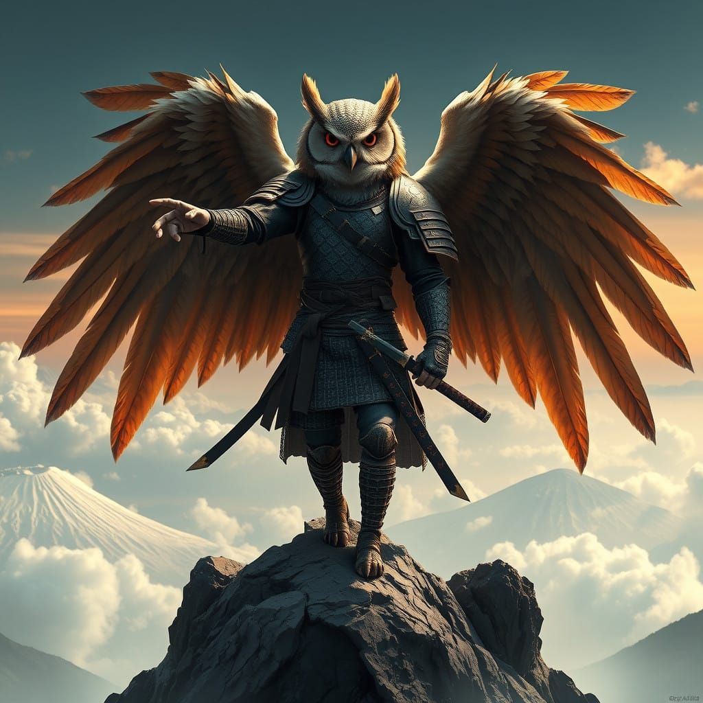 Samurai Owl Angel Stands Guard on Mount Fuji
