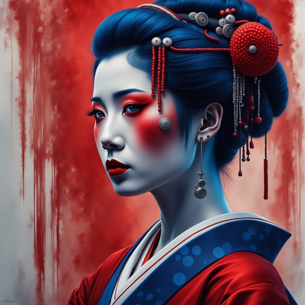 Geisha in Red and Blue: Modern Artistic Interpretation