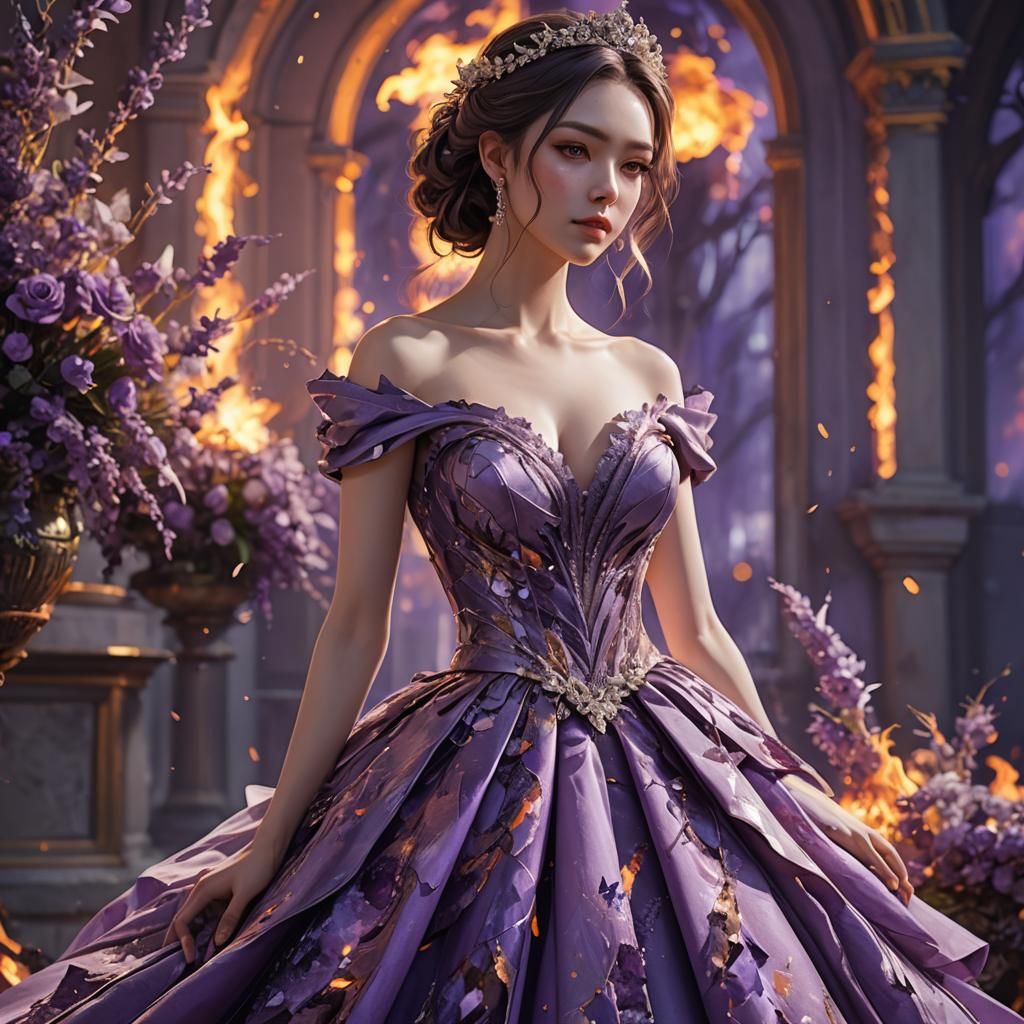 a purple off-shoulder wedding dress on a beautiful girl who's dress is on (purple fire:5), (abstract:5)