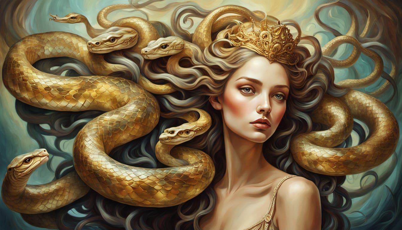 Surreal Goddess Surrounded by Serpents in Ethereal Beauty