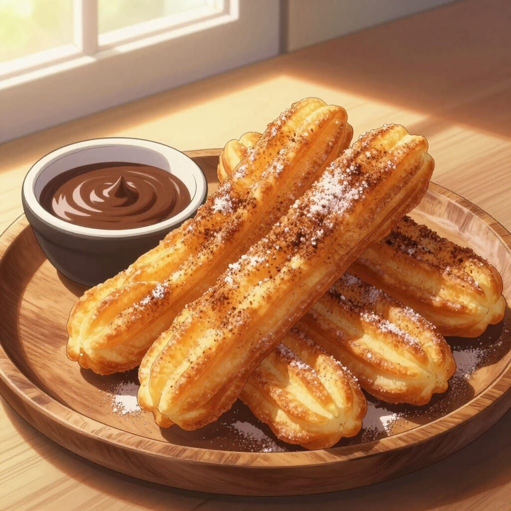 Golden Churros with Chocolate Dip in Anime Style