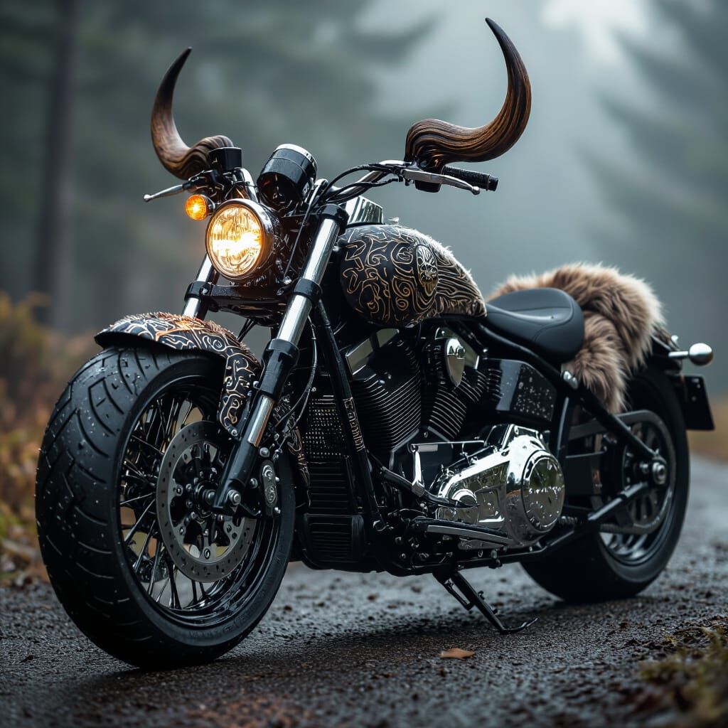 Viking Custom Motorbike with Fur and Horns