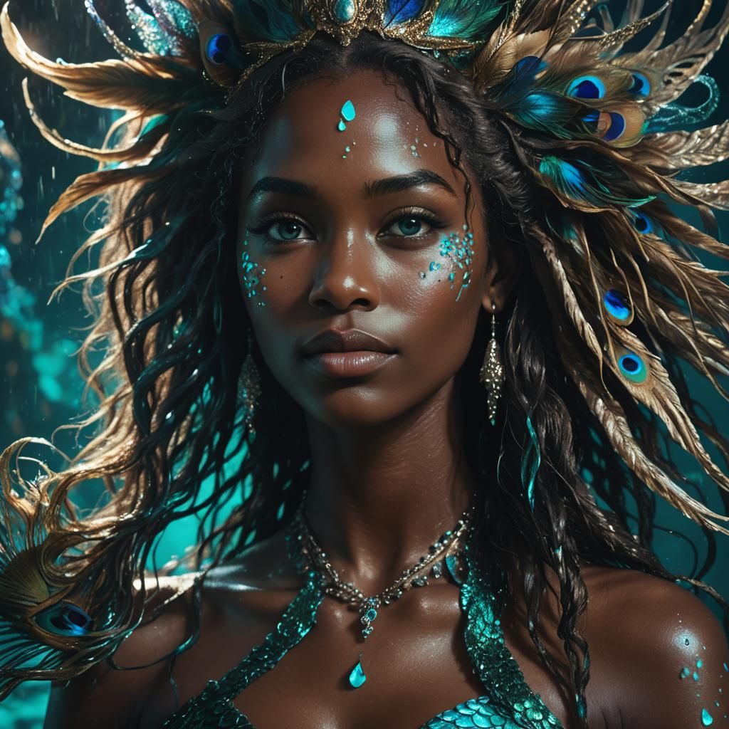 Dark Mermaid with Peacock Tail in Cinematic Oil Painting