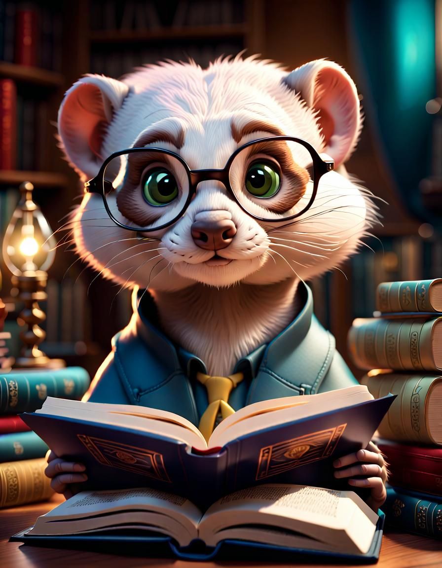 Cartoon Ferret Reading Book in Pixar Style