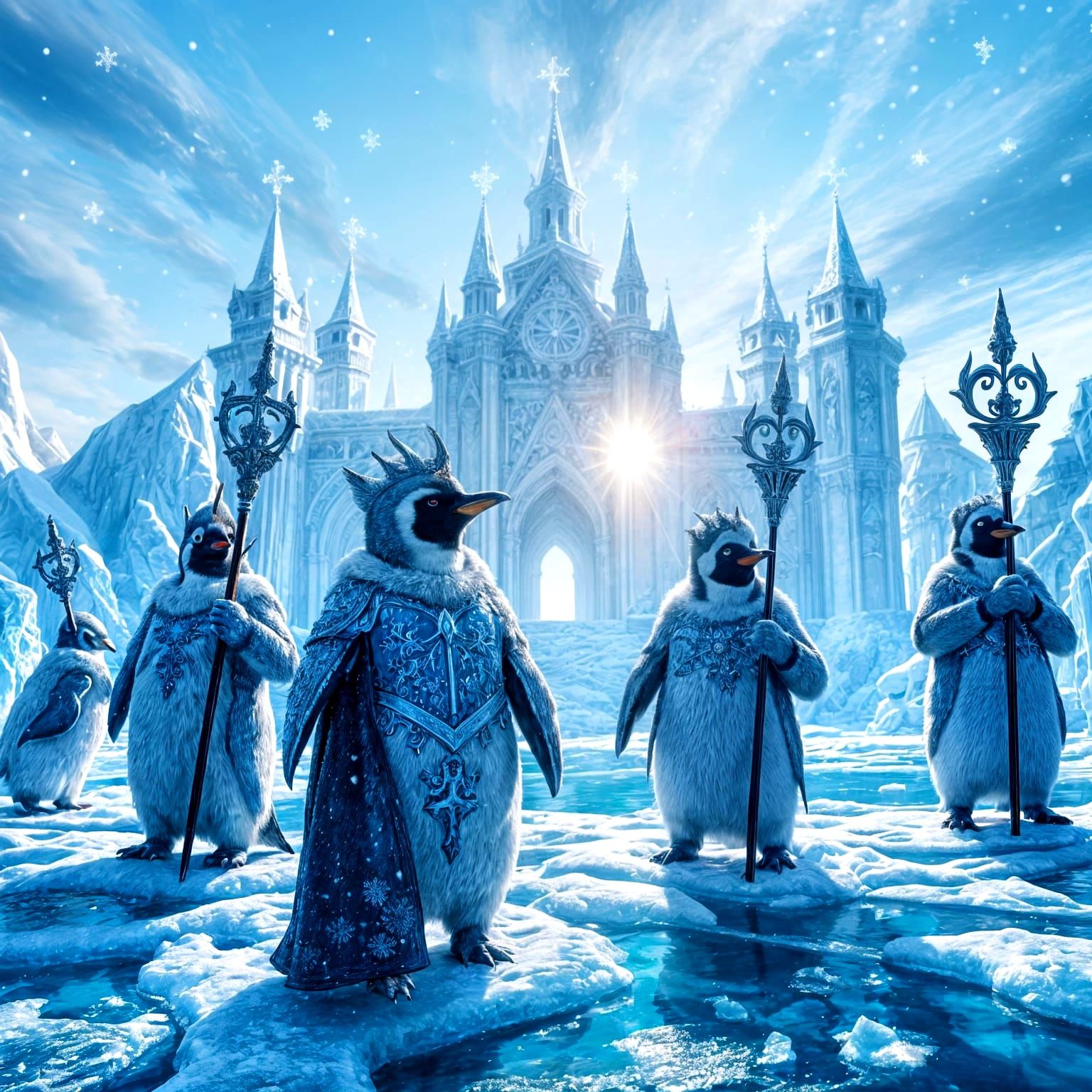 Surreal Winter Kingdom with Penguin Knights in Icy Armor