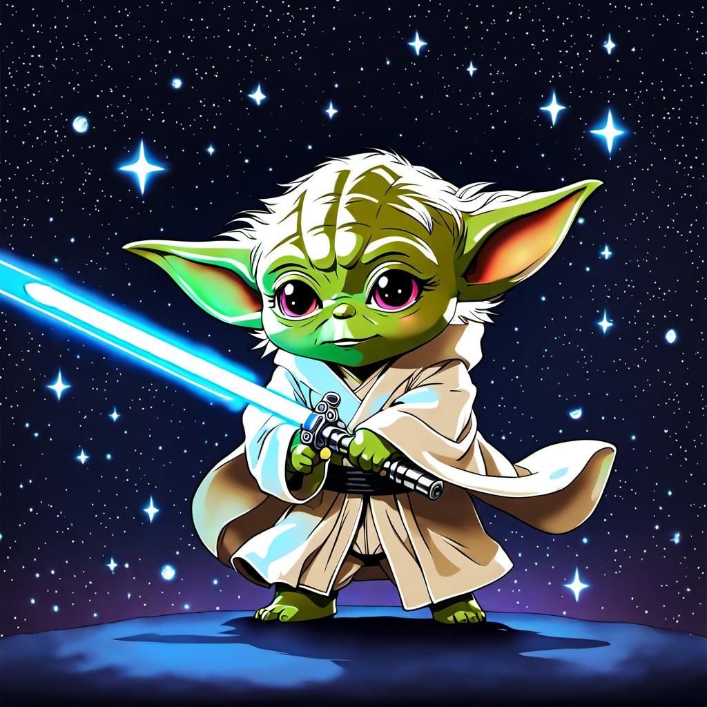 Cute Chibi Yoda with Lightsaber in Anime Style