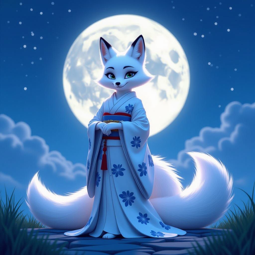 Mystical Nine-Tailed Fox in Silver Kimono, 3D Render