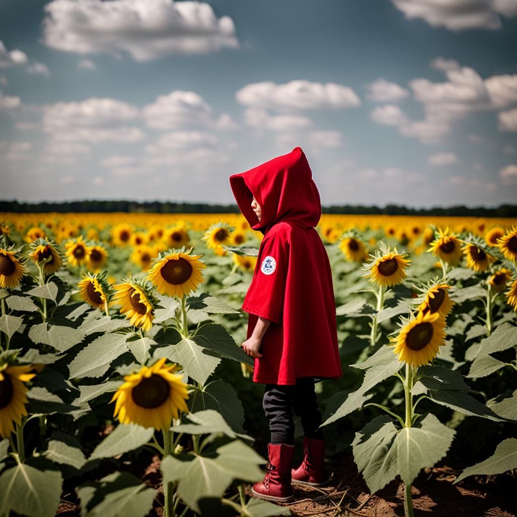 LItle red hood playing in a sunflower field