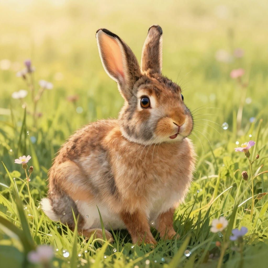 Happy Rabbit in Golden Hour Field, Painterly Illustration
