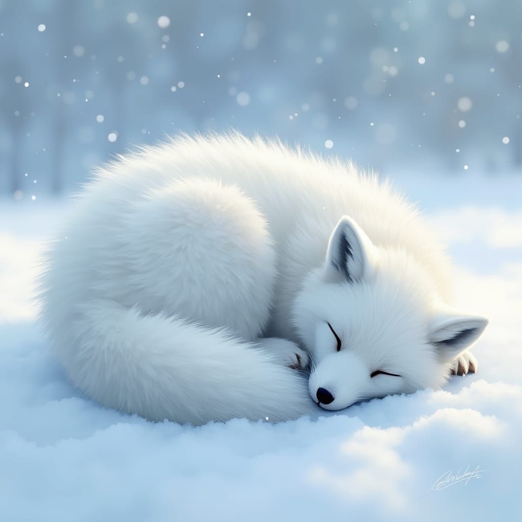 Arctic Fox Sleeping in Snow: Hyperrealistic Digital Painting