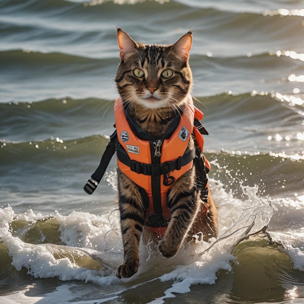 Tabby Cat Surfing the Waves with a Smile