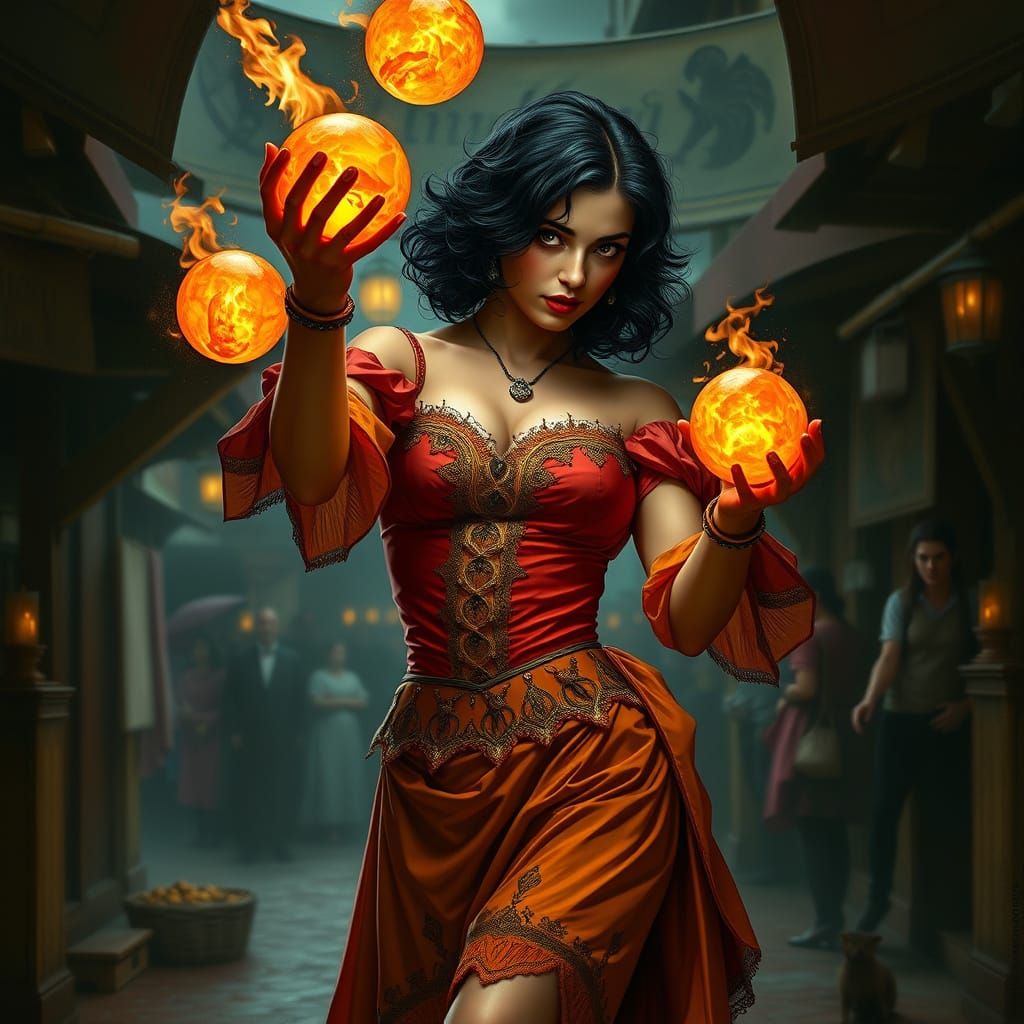 Sultry Femme Fatale Juggler in Medieval-Inspired Gown