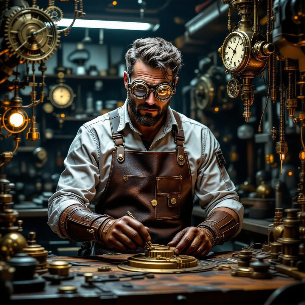 Steampunk Inventor in Workshop, Syd Mead Style