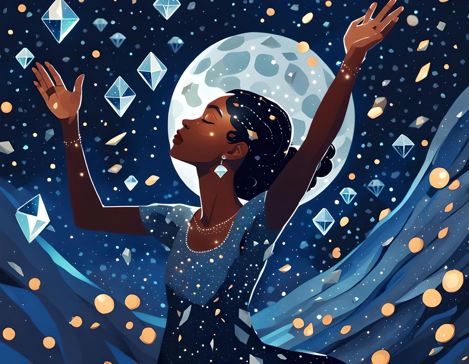 Moon and Diamonds Illustration in Dark Blue and Silver